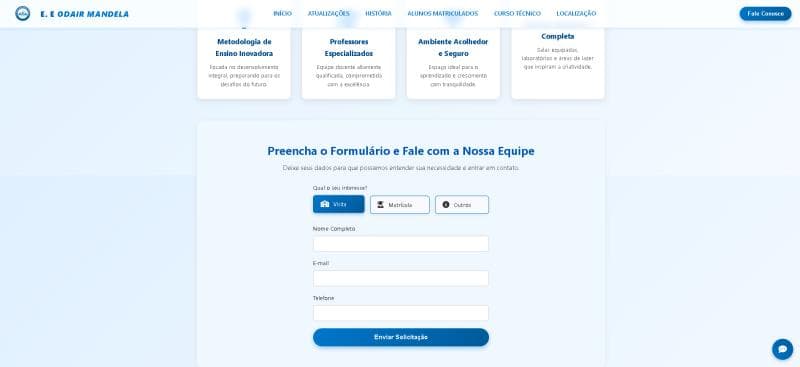 Tela principal do site institucional da escola