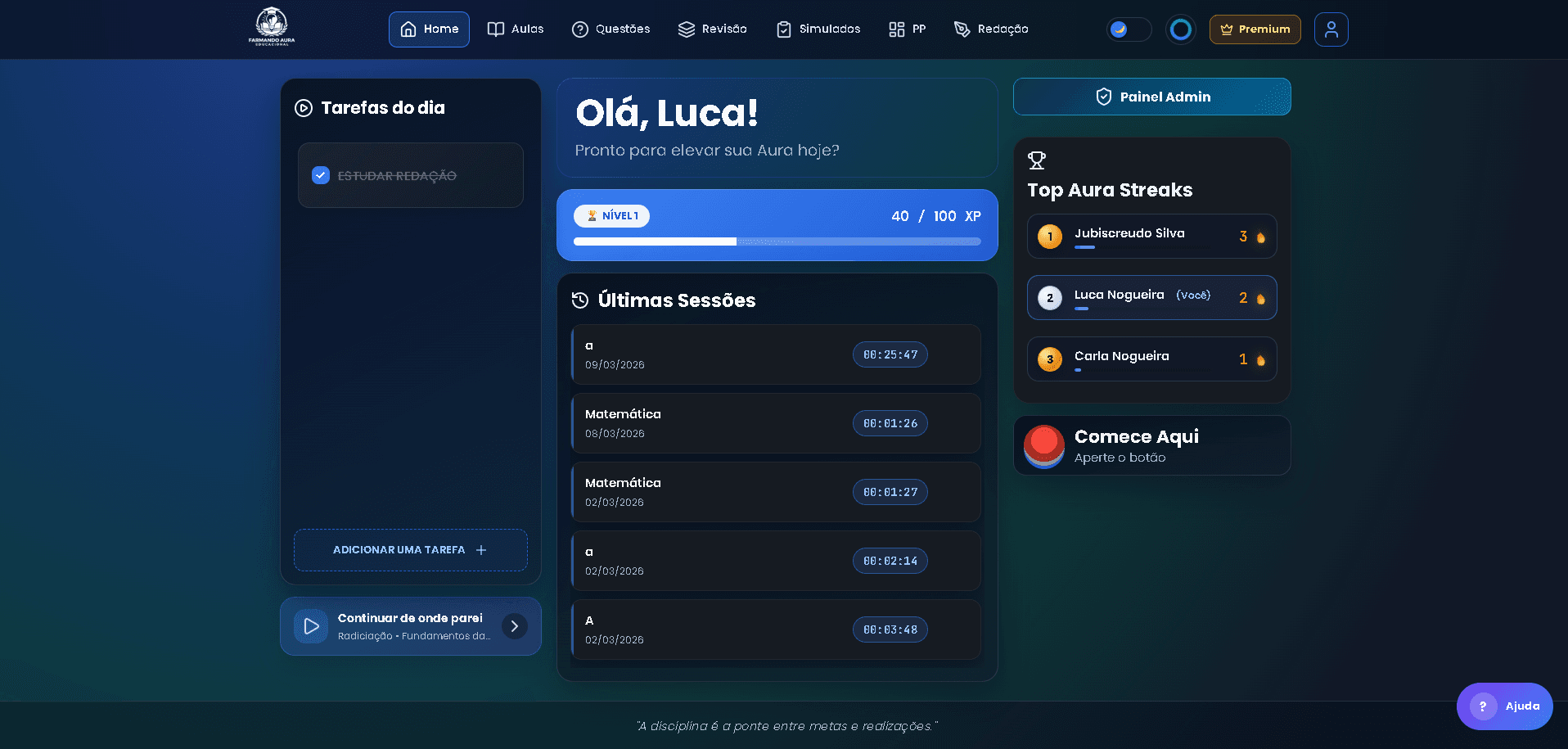 Tela inicial da plataforma Farmando Aura