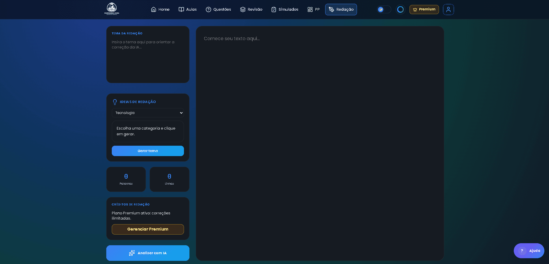 Tela de redação da plataforma Farmando Aura